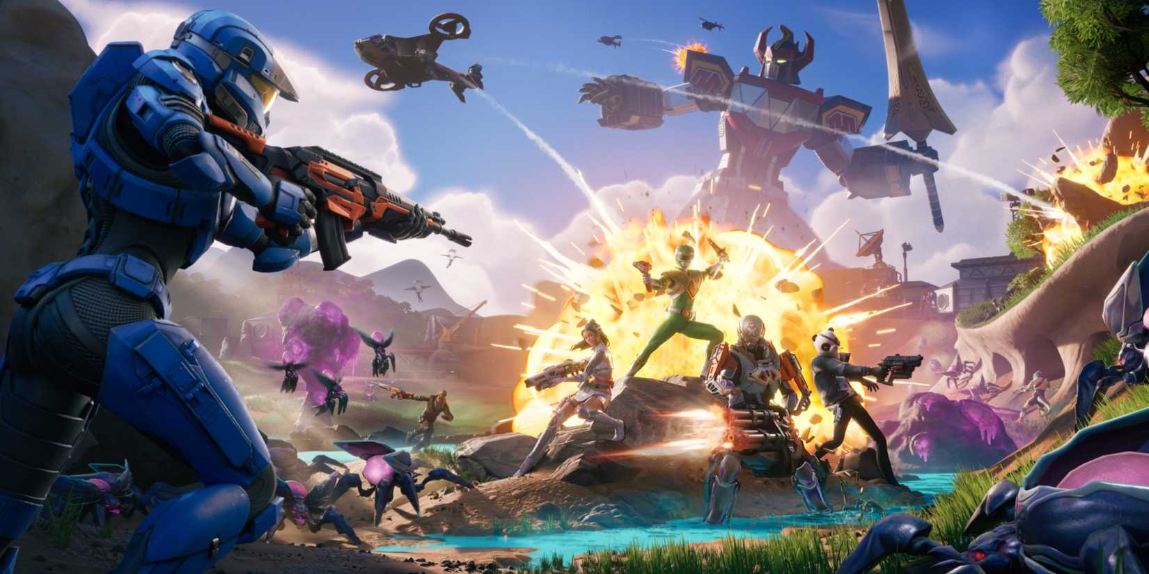 spartan aiming at green ranger standing in front of an explosion in fortnite.