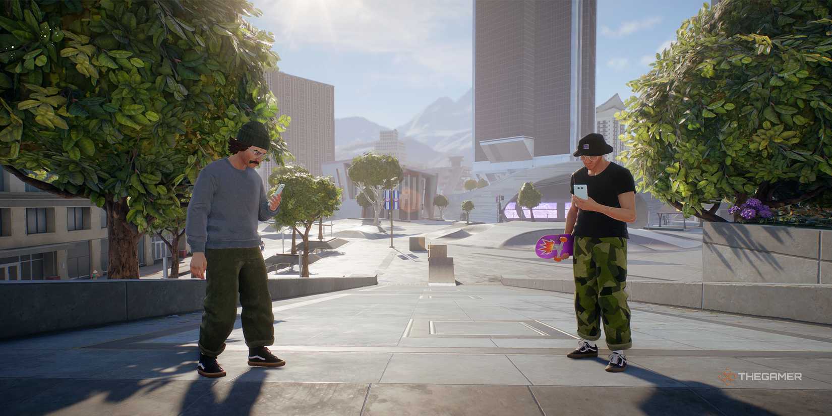 Skate two players standing by a slope both on their phones.